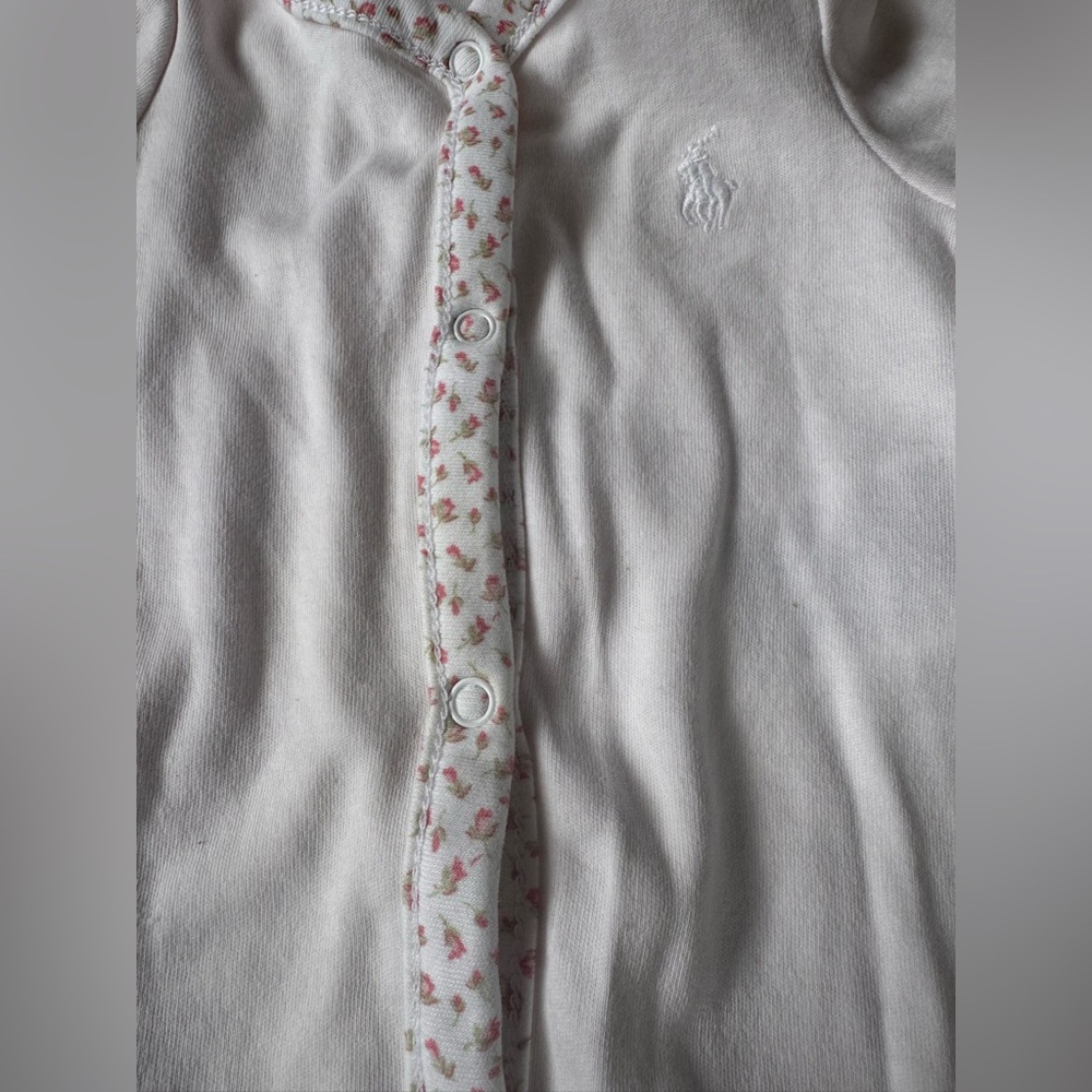Ralph Lauren Delicate Pink Floral-Trim Footed Coveralls 100% Cotton Pajamas NB - Picture 4 of 12